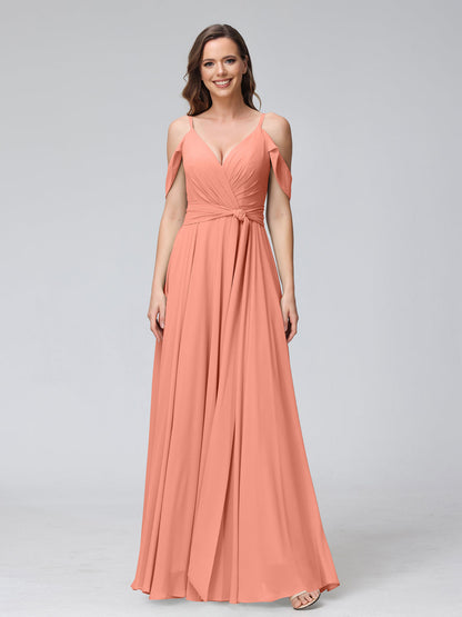Robes de demoiselle d'honneur trapèze, col en V, manches courtes, en mousseline, avec bretelles spaghetti et côté fendu