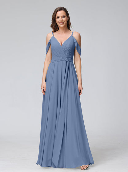 Robes de demoiselle d'honneur trapèze, col en V, manches courtes, en mousseline, avec bretelles spaghetti et côté fendu