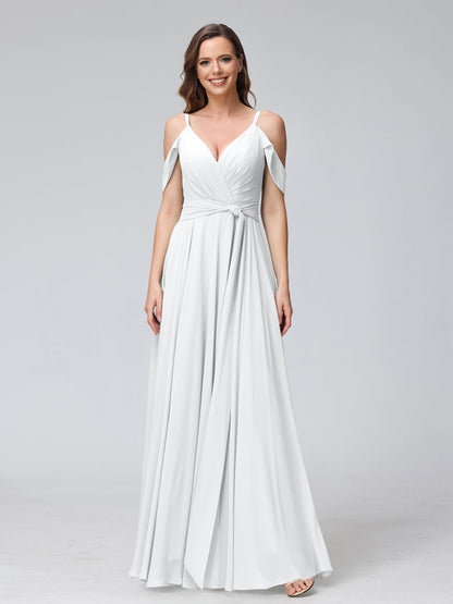 Robes de demoiselle d'honneur trapèze, col en V, manches courtes, en mousseline, avec bretelles spaghetti et côté fendu