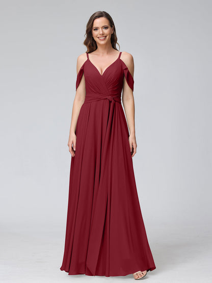 Robes de demoiselle d'honneur trapèze, col en V, manches courtes, en mousseline, avec bretelles spaghetti et côté fendu