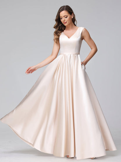 A-ligne col en V sans manches longueur au sol robes de demoiselle d'honneur en satin avec poches