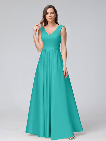 A-ligne col en V sans manches longueur au sol robes de demoiselle d'honneur en satin avec poches