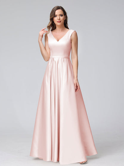 A-ligne col en V sans manches longueur au sol robes de demoiselle d'honneur en satin avec poches
