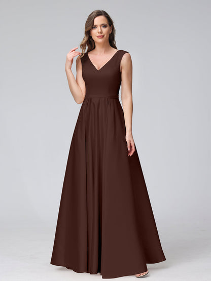 A-ligne col en V sans manches longueur au sol robes de demoiselle d'honneur en satin avec poches