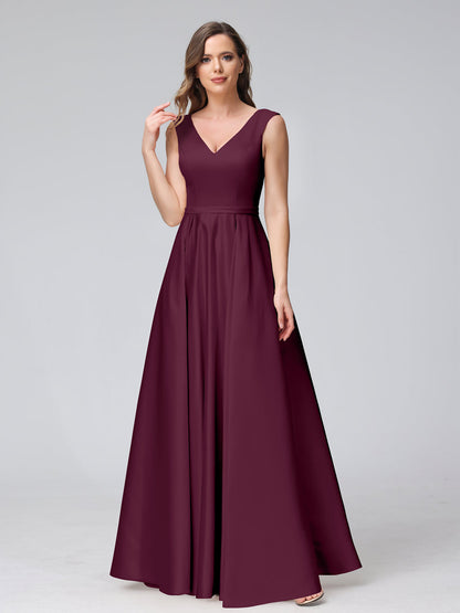 A-ligne col en V sans manches longueur au sol robes de demoiselle d'honneur en satin avec poches