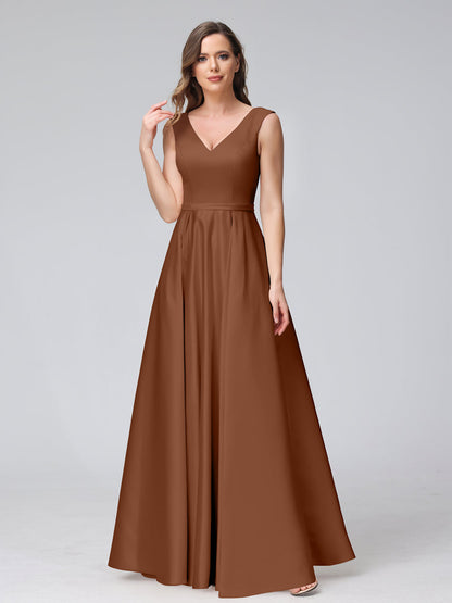 A-ligne col en V sans manches longueur au sol robes de demoiselle d'honneur en satin avec poches