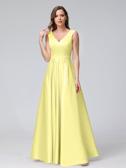 A-ligne col en V sans manches longueur au sol robes de demoiselle d'honneur en satin avec poches