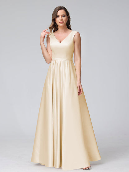 A-ligne col en V sans manches longueur au sol robes de demoiselle d'honneur en satin avec poches