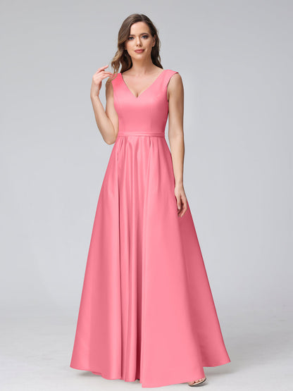 A-ligne col en V sans manches longueur au sol robes de demoiselle d'honneur en satin avec poches