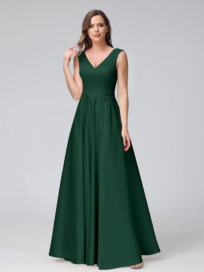 A-ligne col en V sans manches longueur au sol robes de demoiselle d'honneur en satin avec poches