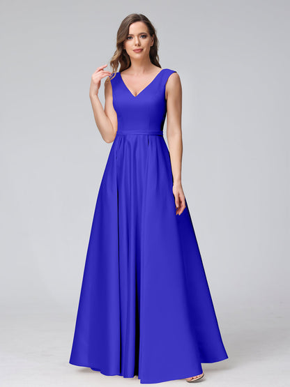 A-ligne col en V sans manches longueur au sol robes de demoiselle d'honneur en satin avec poches
