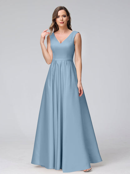 A-ligne col en V sans manches longueur au sol robes de demoiselle d'honneur en satin avec poches