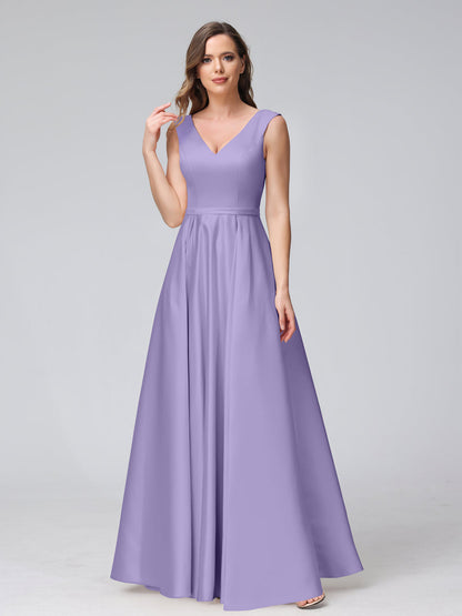 A-ligne col en V sans manches longueur au sol robes de demoiselle d'honneur en satin avec poches