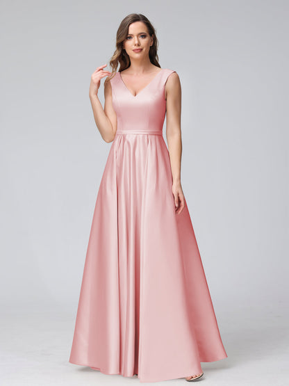 A-ligne col en V sans manches longueur au sol robes de demoiselle d'honneur en satin avec poches
