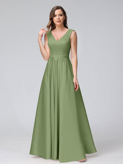 A-ligne col en V sans manches longueur au sol robes de demoiselle d'honneur en satin avec poches
