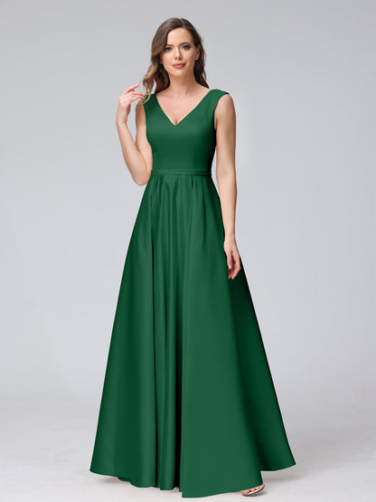 A-ligne col en V sans manches longueur au sol robes de demoiselle d'honneur en satin avec poches
