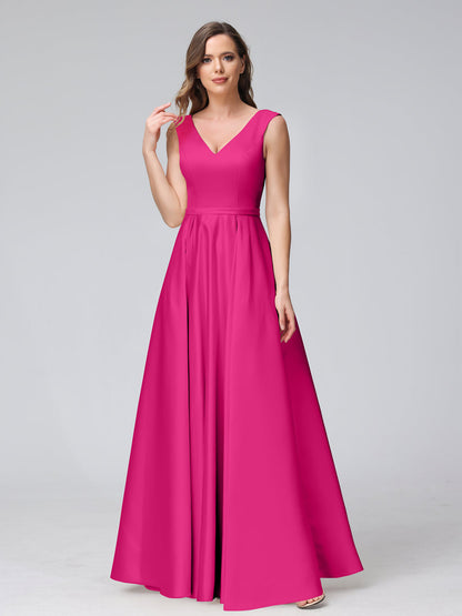 A-ligne col en V sans manches longueur au sol robes de demoiselle d'honneur en satin avec poches