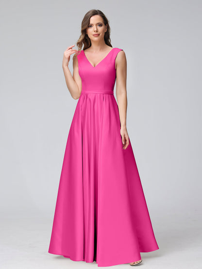 A-ligne col en V sans manches longueur au sol robes de demoiselle d'honneur en satin avec poches