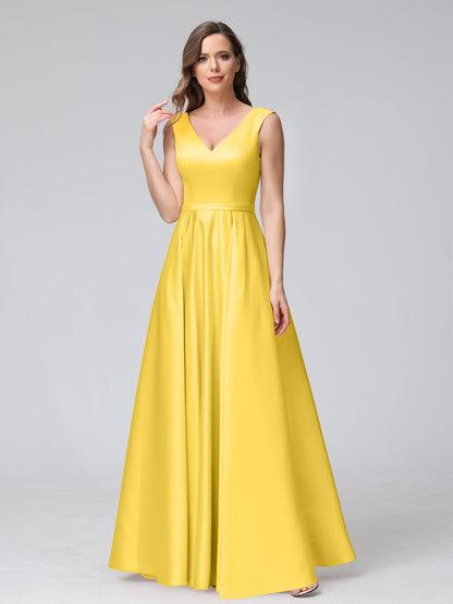 A-ligne col en V sans manches longueur au sol robes de demoiselle d'honneur en satin avec poches