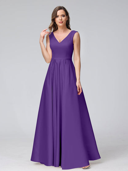 A-ligne col en V sans manches longueur au sol robes de demoiselle d'honneur en satin avec poches
