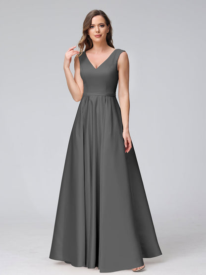 A-ligne col en V sans manches longueur au sol robes de demoiselle d'honneur en satin avec poches