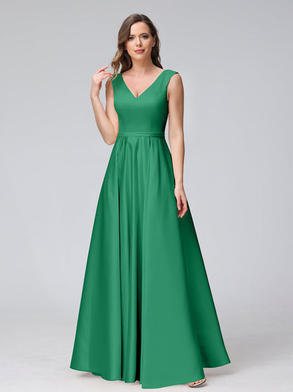 A-ligne col en V sans manches longueur au sol robes de demoiselle d'honneur en satin avec poches