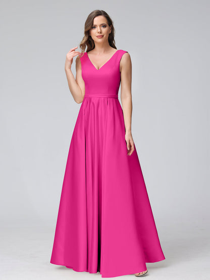 A-ligne col en V sans manches longueur au sol robes de demoiselle d'honneur en satin avec poches