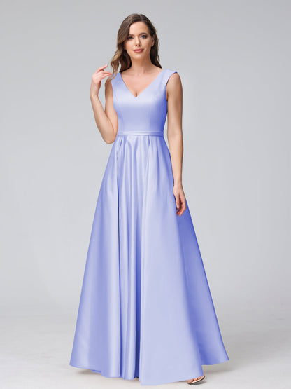 A-ligne col en V sans manches longueur au sol robes de demoiselle d'honneur en satin avec poches