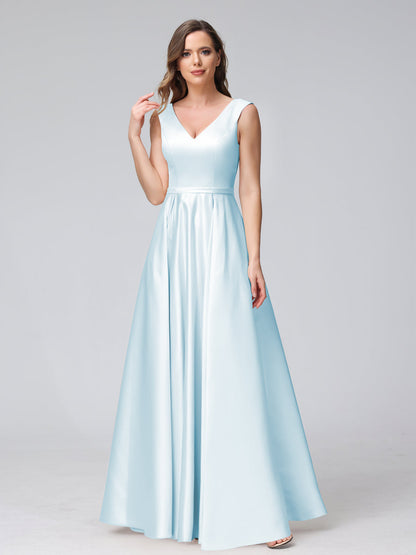 A-ligne col en V sans manches longueur au sol robes de demoiselle d'honneur en satin avec poches