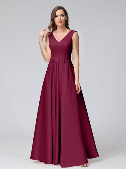 A-ligne col en V sans manches longueur au sol robes de demoiselle d'honneur en satin avec poches