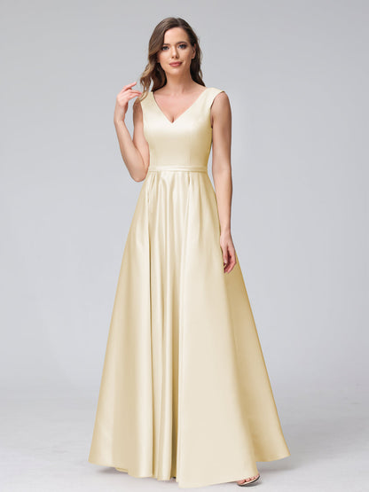 A-ligne col en V sans manches longueur au sol robes de demoiselle d'honneur en satin avec poches