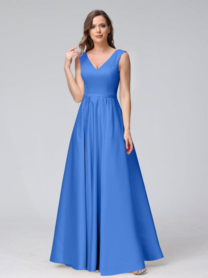 A-ligne col en V sans manches longueur au sol robes de demoiselle d'honneur en satin avec poches