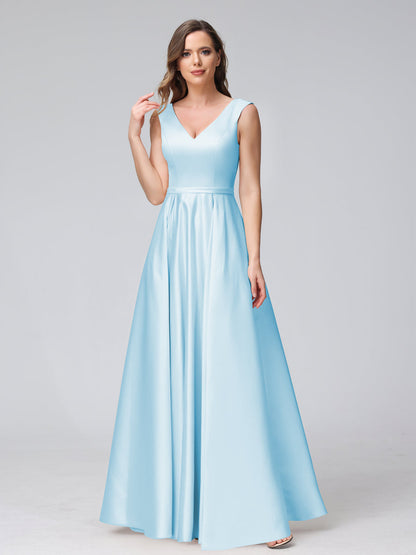 A-ligne col en V sans manches longueur au sol robes de demoiselle d'honneur en satin avec poches