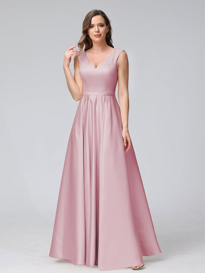 A-ligne col en V sans manches longueur au sol robes de demoiselle d'honneur en satin avec poches