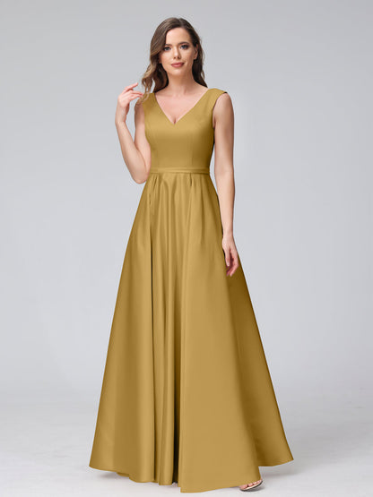 A-ligne col en V sans manches longueur au sol robes de demoiselle d'honneur en satin avec poches