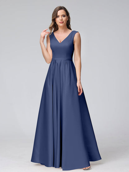 A-ligne col en V sans manches longueur au sol robes de demoiselle d'honneur en satin avec poches