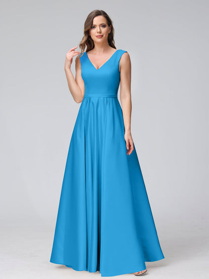 A-ligne col en V sans manches longueur au sol robes de demoiselle d'honneur en satin avec poches