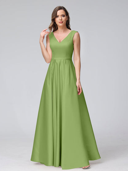 A-ligne col en V sans manches longueur au sol robes de demoiselle d'honneur en satin avec poches