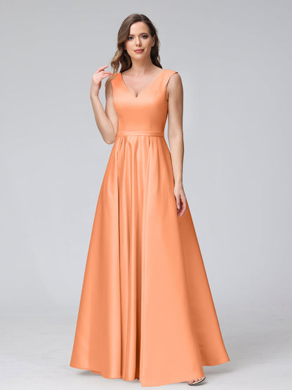A-ligne col en V sans manches longueur au sol robes de demoiselle d'honneur en satin avec poches