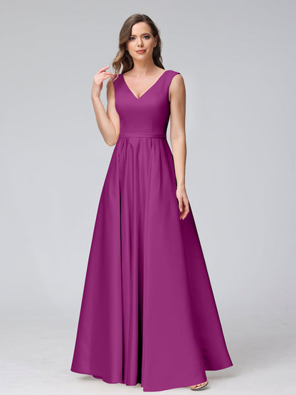 A-ligne col en V sans manches longueur au sol robes de demoiselle d'honneur en satin avec poches