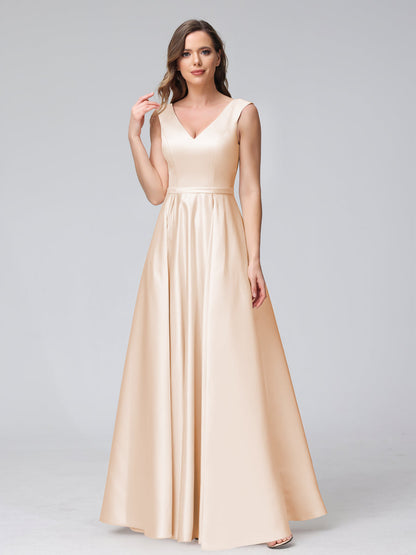 A-ligne col en V sans manches longueur au sol robes de demoiselle d'honneur en satin avec poches