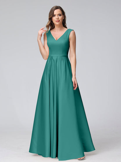 A-ligne col en V sans manches longueur au sol robes de demoiselle d'honneur en satin avec poches