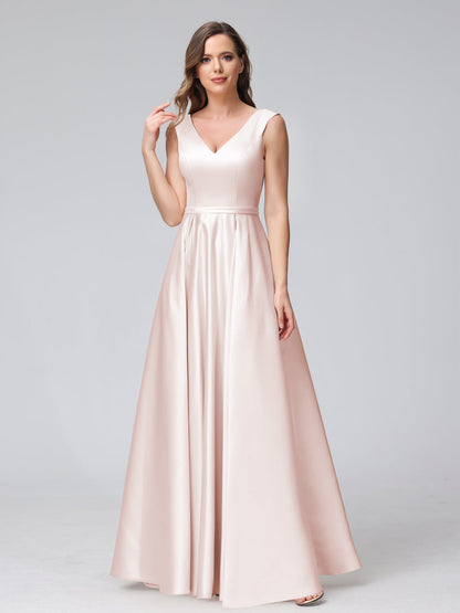 A-ligne col en V sans manches longueur au sol robes de demoiselle d'honneur en satin avec poches