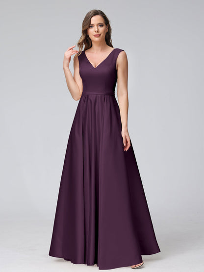A-ligne col en V sans manches longueur au sol robes de demoiselle d'honneur en satin avec poches