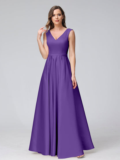 A-ligne col en V sans manches longueur au sol robes de demoiselle d'honneur en satin avec poches