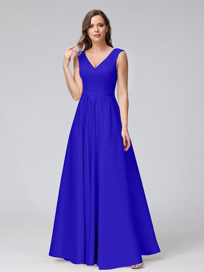 A-ligne col en V sans manches longueur au sol robes de demoiselle d'honneur en satin avec poches