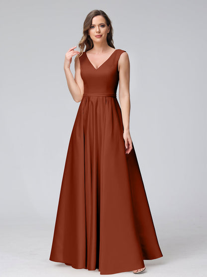 A-ligne col en V sans manches longueur au sol robes de demoiselle d'honneur en satin avec poches
