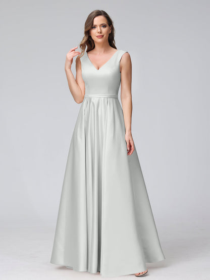 A-ligne col en V sans manches longueur au sol robes de demoiselle d'honneur en satin avec poches