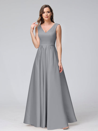 A-ligne col en V sans manches longueur au sol robes de demoiselle d'honneur en satin avec poches