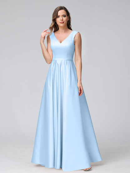 A-ligne col en V sans manches longueur au sol robes de demoiselle d'honneur en satin avec poches